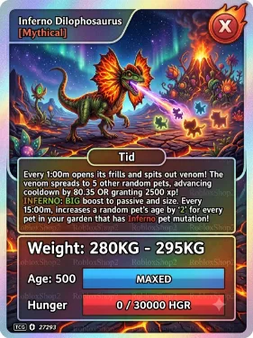 280KG 295KG INFERNO GIGANTIC DILOPHOSAURUS I MAX 500 AGE l READY TO USE - 1 MIN MAX CD - NO TOY GOOD FOR INFERNO SET LIMITED STOCK
