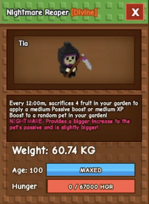HUGE REAPER 60 KG ++ NIGHTMARE MAX LEVEL 100 RBL Grow A Garden — Account account