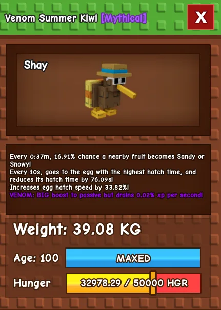 CHEAP 39kg Venom Summer Kiwi! Speeds up egg hatching and gives Sandy mutation! Fast Delivery