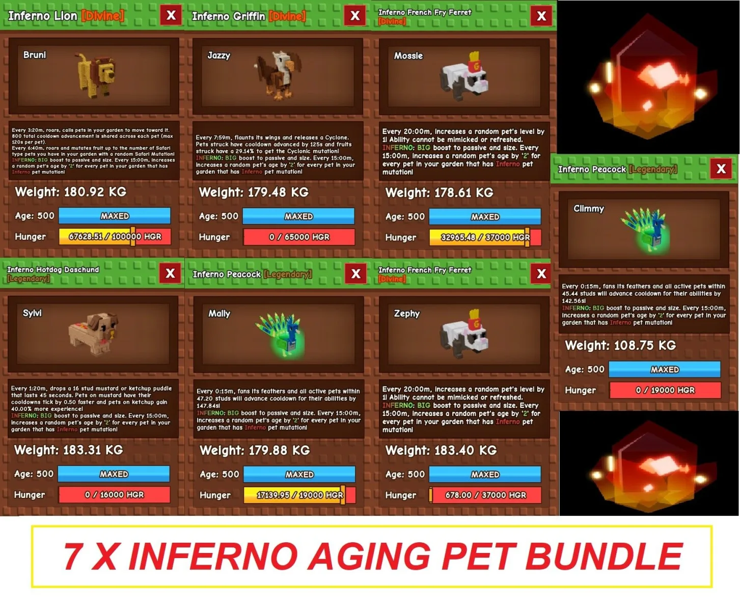 INFERNO Pet Aging CD/XP Bundle x7 Huge Pets 2X Peacock Griffin Hotdog Lion & 2X FFF French Ferret - (EP)