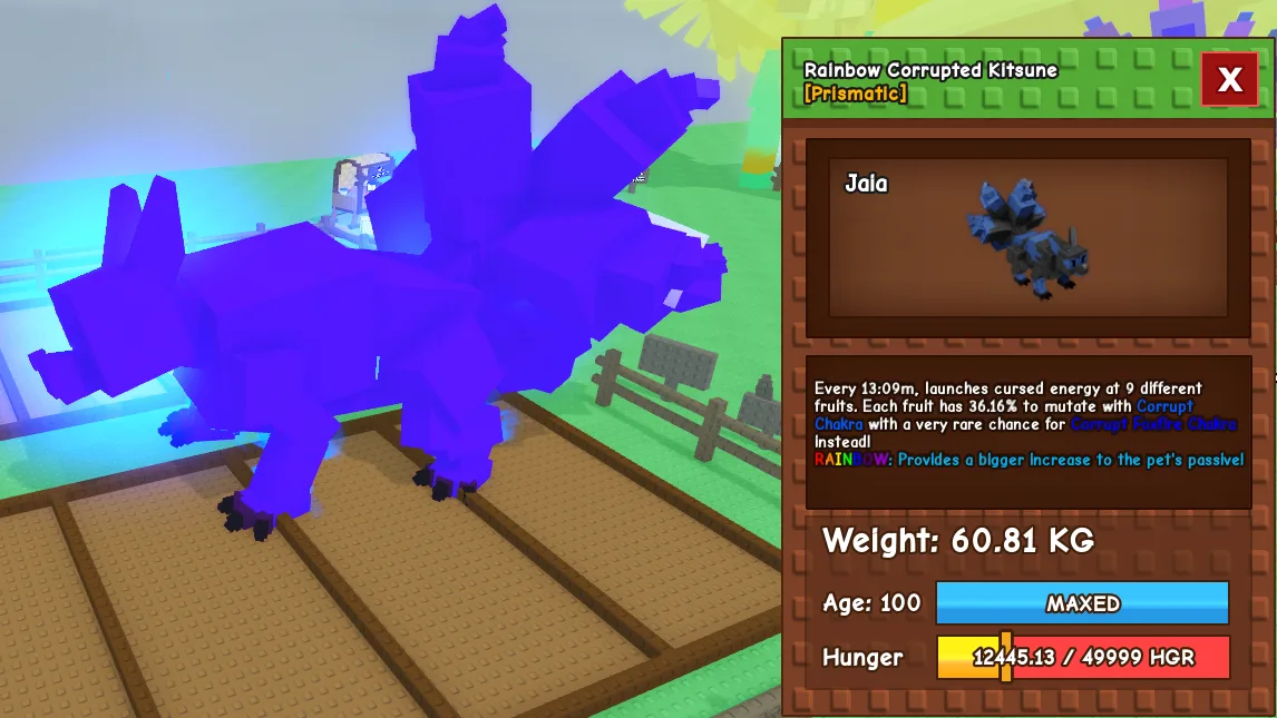 60.71 Age 100 Rainbow Corrupted Kitsune or 69.16kg Age 114 or 105.35kg Age 180