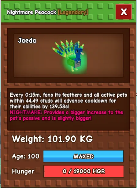 Nightmare Colossal Peacock 101.90KG Age 100 INSTANT DELIVERY — Account account