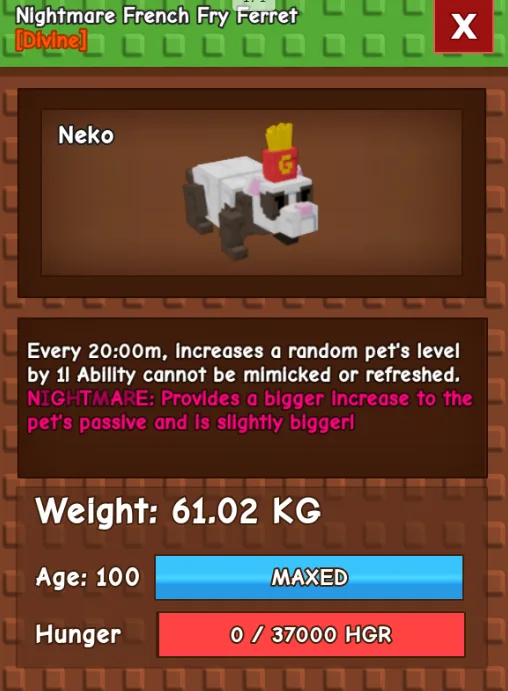 HUGE FRENCH FRY FERRET NM / VENOM / EVER 60KG-61KG AGE 100