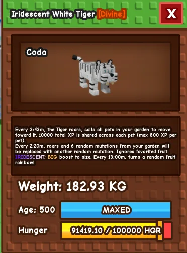 WHITE TIGER HUGE JUMBO DLC PET LIMITED 182 KG AGE 500 TITANIC VISUAL GROW A GARDEN
