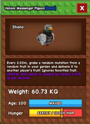 60kg+ VENOM MESSENGER PIGEON feeding mutation for seed