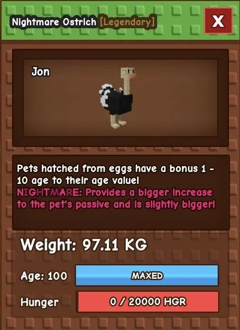 TITANIC visual Nightmare Ostrich 97.11kg age 100 - instant delivery! — Account account