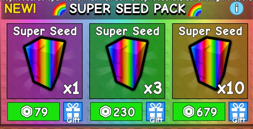 SUPER SEED PACK x1 YOU CAN GET RAINBOW TRANSCENDENT RAINBOW SEED. BUY 3 GET 25 DISCOUNT 10 GET 35 DISCOUNT