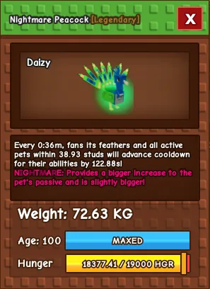 NIGHTMARE PEACOCK 72.63 KG AGE 100 (MAX) 36 seconds cooldown — Account account