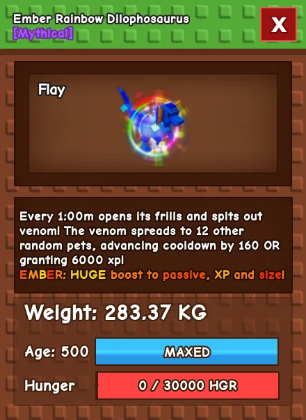 1x EMBER RAINBOW DILOPHOSAURUS 280-285 KG AGE 500 - FAST DELIVERY