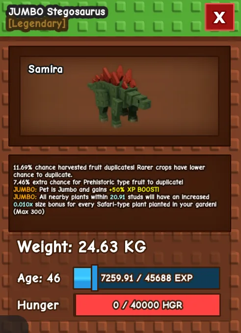 HUGE STEGOSAURUS AGE 46 24.63KG 48KG IF MAXED AGE GAG PET INSTANT DELIVERY