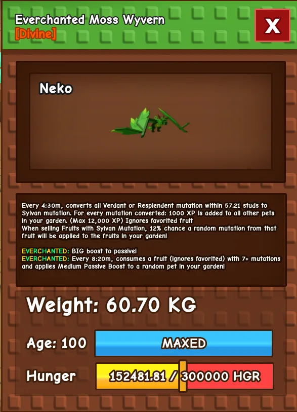 HUGE Everchanted Moss Wyvern 60.70KG Age 100 l New Divine Pet l Grow A Garden l Insta-Delivery — Account account