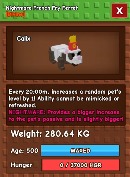 Nightmare French Fry Ferret 280 KG Age 500 instant delivery titanic french fry ferret 280kg huge french fry ferret 280KG nightmare mutation FFF 280