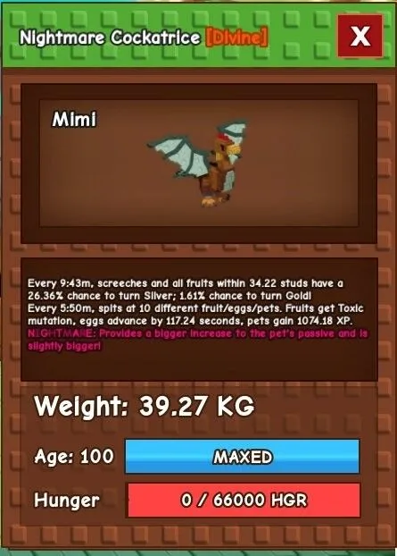 HUGE NIGHTMARE COCKATRICE 39 KG/100 AGE