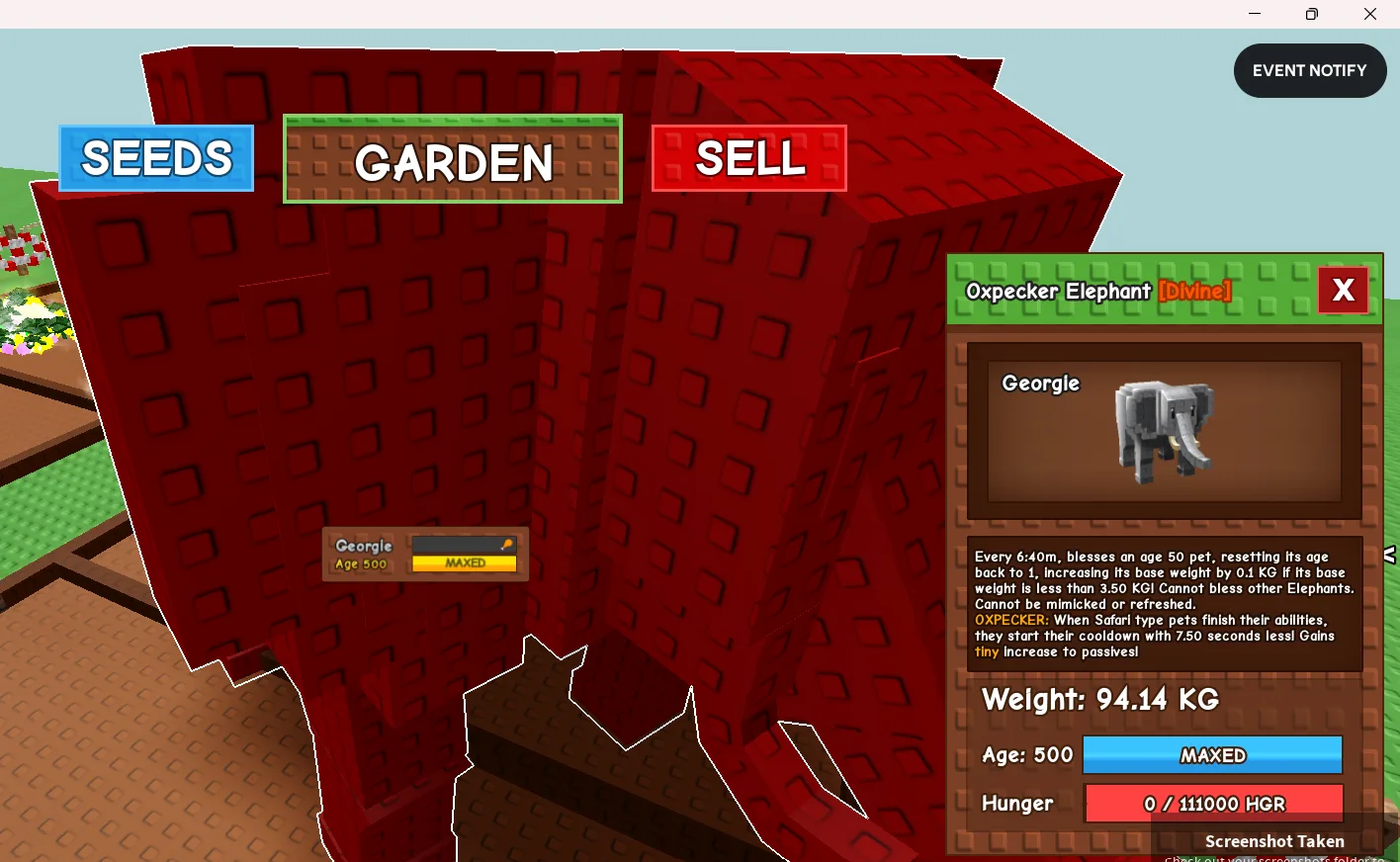94KG+ Oxpecker Elephant Divine // super handsome // Age 500 MAXED // Pet Weight Growth + Safari Cooldown