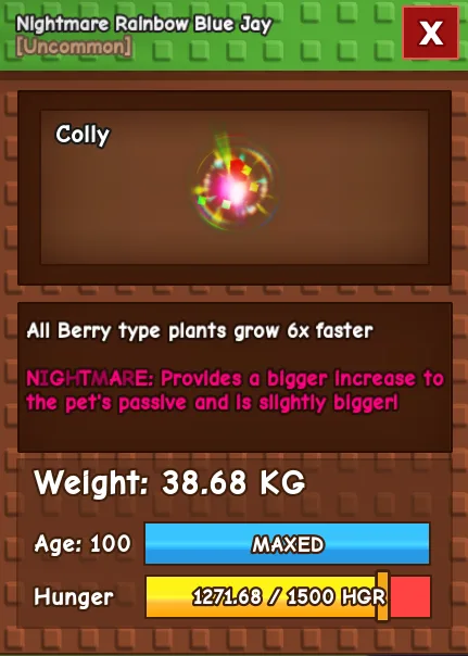 CHEAP Nightmare Rainbow Hatched Blue Jay leve 100!! grows berries 6x faster!!