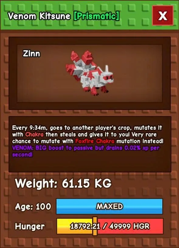 Venom Kitsune Huge Level 100 61.15KG I Grow A Garden I Fast Delivery