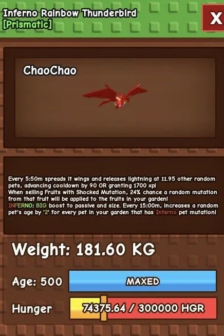 Huge Inferno Rainbow hatch Thunderbird 181.60kg Age 500 ChaoChao (O)