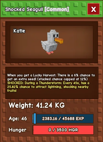 Grow a Garden Shocked Seagull 41.24kg Roblox Exclusive Pet — Account account