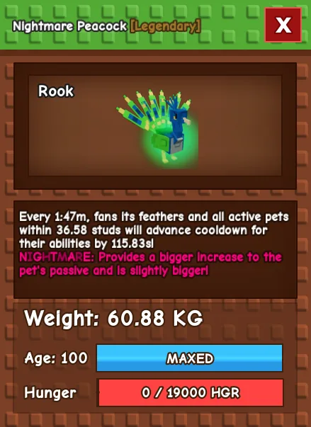 HUGE Nightmare Peacock 60.88 kg 15 secs w toy 1:47 w/o toy Grow A Garden GAG