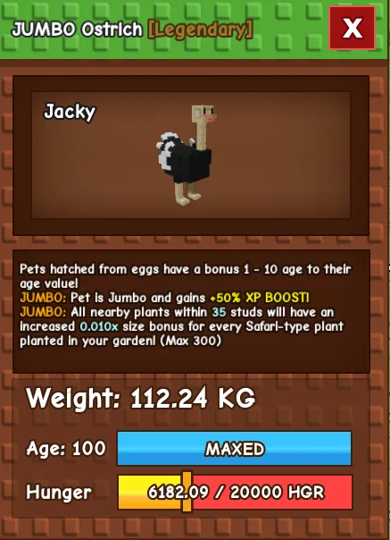 Grow a Garden I Ostrich I TITANIC I JUMBO I 112.24 KG I AGE 100! — Account account