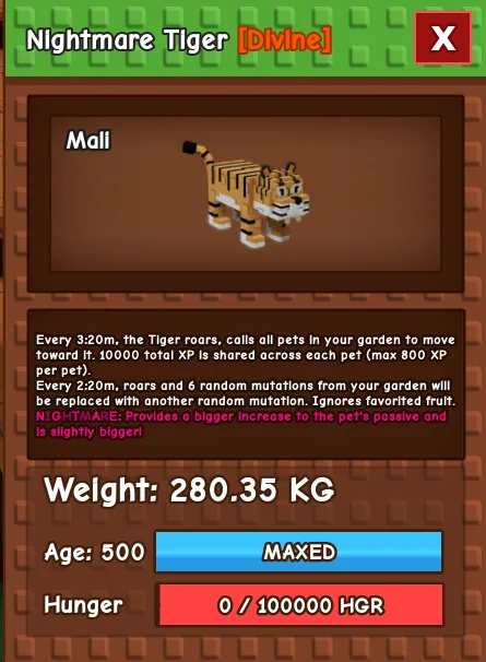 Nightmare Tiger 280 KG Age 500 instant delivery titanic tiger 280 kg huge tiger 280kg nightmare mutation tiger