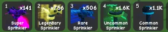 Sprinkler Pack x20 of each Sprinkler in the Game x20 Super Sprinkler x20 Legendary Sprinkler x20 Rare Sprinkler x20 Uncommon Sprinkler x20 common sp
