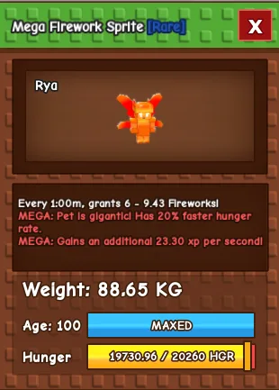 MEGA COLOSSAL FIREWORK SPRITE 88.65 KG Cooldown 1 minute Age 100 (Max) — Account account