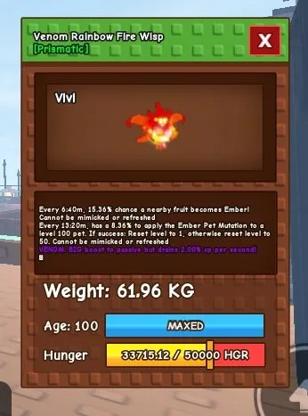 Huge Rainbow Hatched Venom Fire Wisp 61.96kg Grow A Garden Pet — Account account