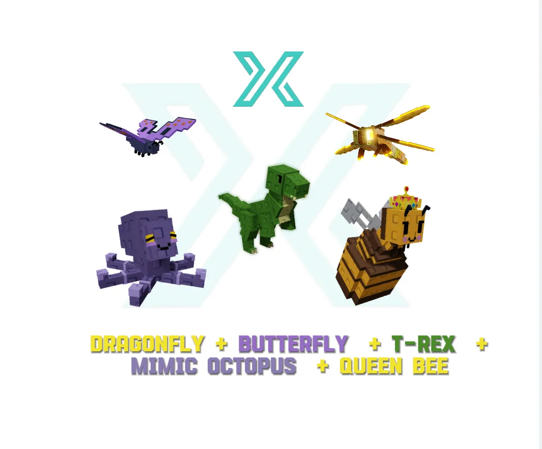 5 Pets Bundle Dragonfly + Butterfly + T-Rex + Mimic Octopus + Queen Bee