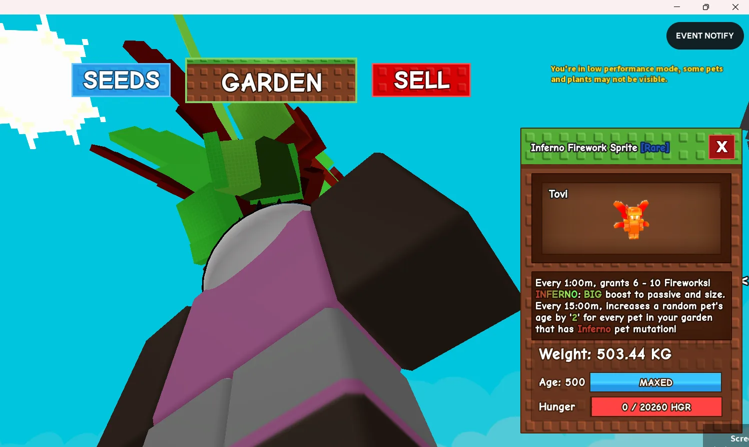 500KG+ Inferno Firework Sprite Rare // super handsome // Age 500 MAXED // Fireworks + Pet Age Boost