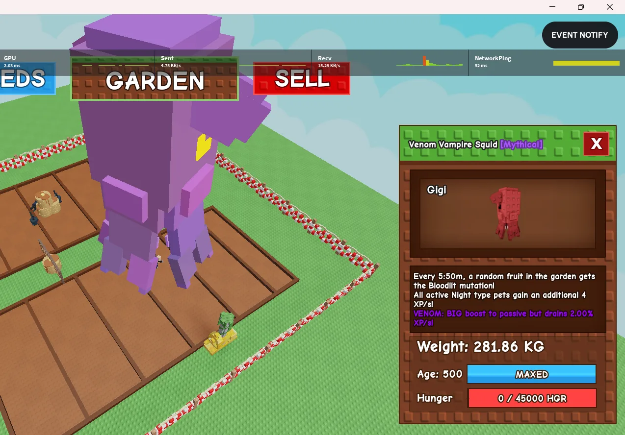 280KG+ Venom Vampire Squid Mythical // super handsome // Age 500 MAXED // Bloodlit fruit + Night XP // heavy flex pet//not ruby squid//it is vampire