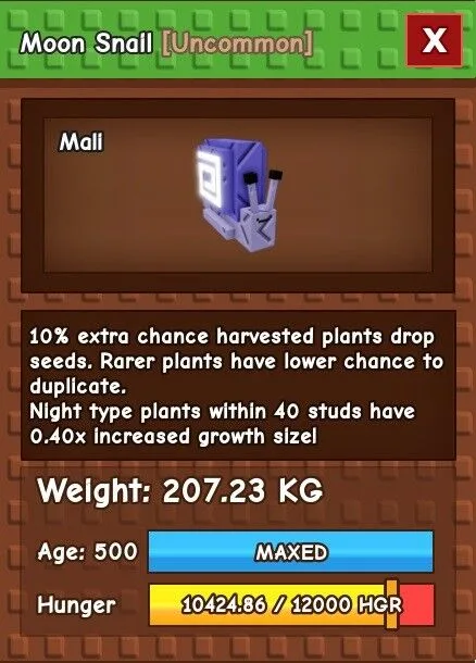 Moon Snail 207.23kg Max Passive Huge Godly Titanic Gets lucky harvests use with ruby squid x7. - Mali (EP)