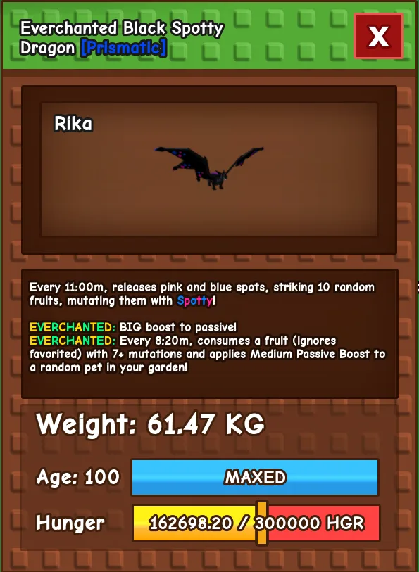 HUGE Everchanted Black Spotty Dragon 61.47KG Age 100 l New Prismatic Pet l Grow A Garden l — Account account