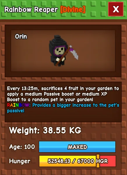 CHEAP 38kg Rainbow Reaper! takes 4 fruits from your garden and givens a random pet in your garden a medium toy boost! Fast Delivery
