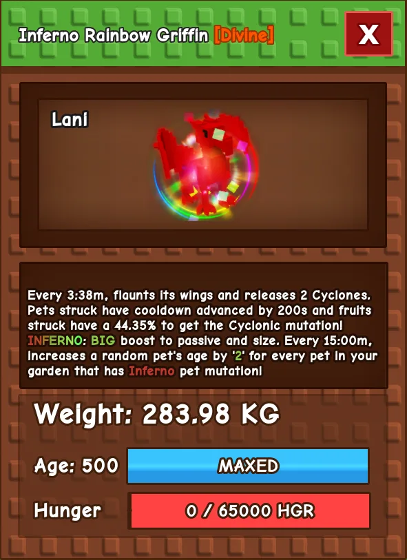 HUGE INFERNO RAINBOW HATCHED GRIFFIN 280KG+ AGE 500
