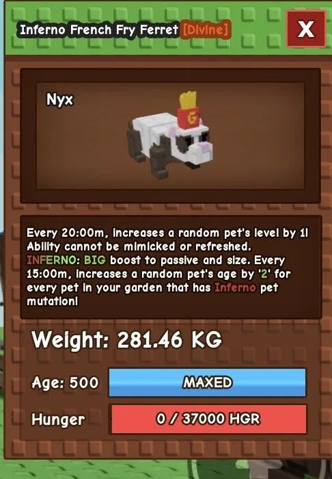 7 pets Inferno combo for age 500 fast and easy Full pets 280 kilo + free mimic Ember 280 kilo + 15s