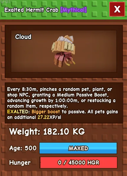 CHEAP 182kg Exalted Hermit Crab! Max stats and ability with xp boost! Fast Delivery