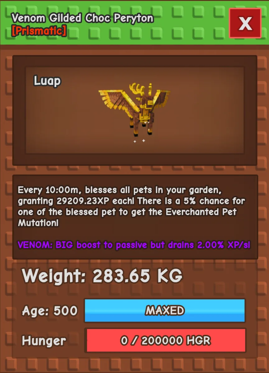 280kg+ VENOM Gilded Choc Peryton - 29k XP EVERY COOLDOWN - META LEVELING PET