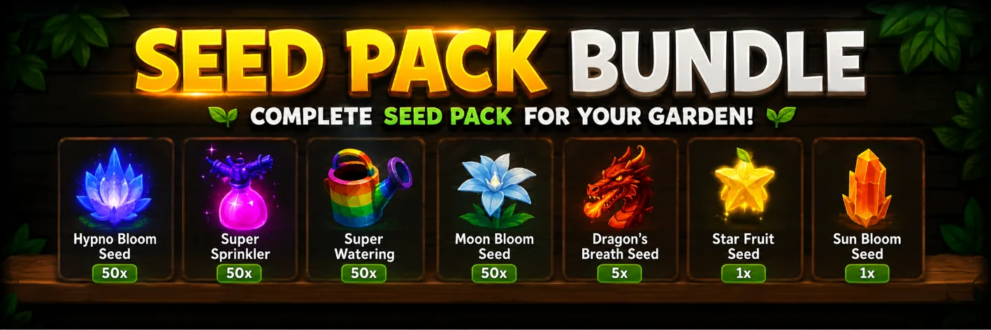 Seed Bundle Includes: 50x Hypno Bloom Seed 50x Moon Bloom Seed 5x Dragon's Breath Seed 1x Star Fruit Seed 1x Sun Bloom Seed 50x Super Sprinkler 50x