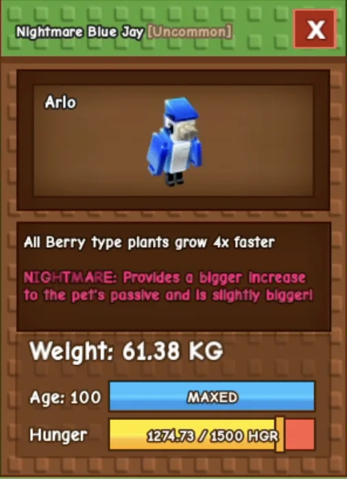 HUGE BLUE JAY 60 KG ++ NIGHTMARE MAX LEVEL 100 RBL Grow A Garden — Account account