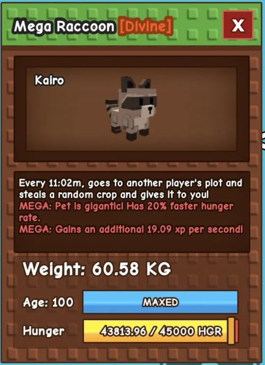 MEGA Huge Raccoon 60-61KG Maxed Age 100 Fast Delivery — Account account