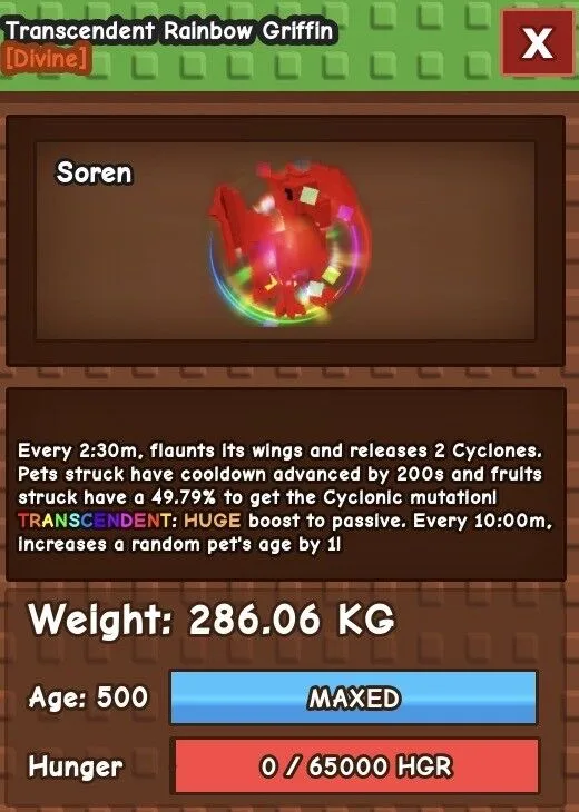 Rare KG Huge Rainbow Hatch Griffin 284Kg+ Age 500 Transcedend RBH PET