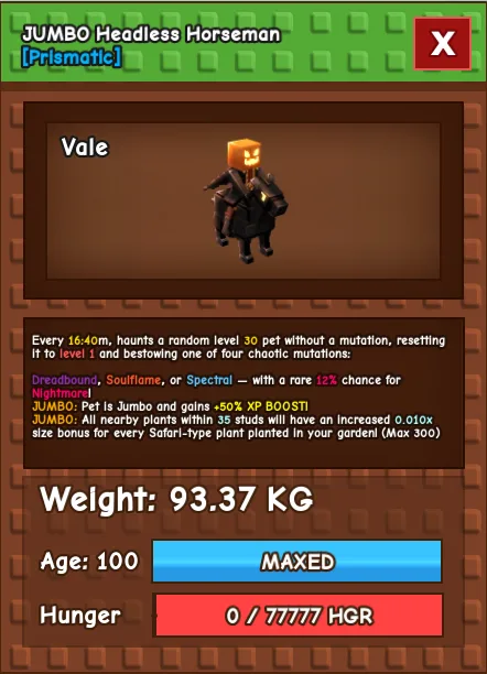 JUMBO Headless Horseman (93 KG++) Max Passive Grow a Garden — Account account