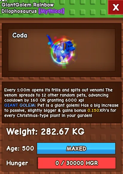 RBH DILO 280KG+ AGE 500/ RAINBOW DILOPHOSAURUS / Rainbow Hatch Dilophosaurus/ DILO EGG 60kg - 61KG