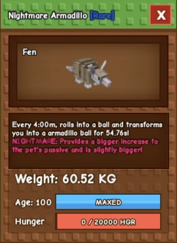 HUGE ARMADILLO 60 KG ++ NIGHTMARE MAX LEVEL 100 RBL Grow A Garden — Account account