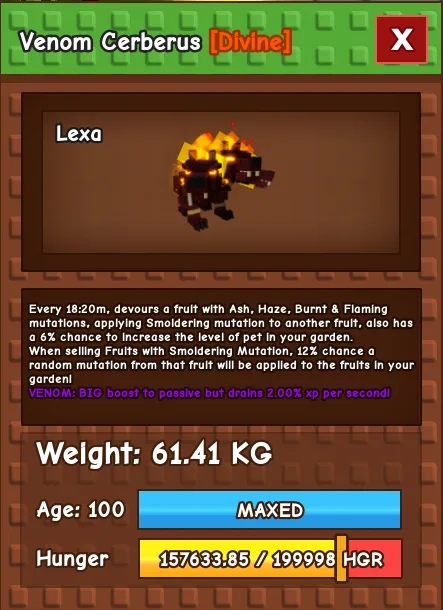 280+ KG VENOM CERBERUS RARE LVL 500! HUGE TITAN