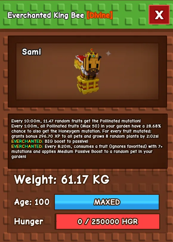 HUGE Everchanted King Bee 61.17KG Age 100 l New Divine Pet l Grow A Garden l Insta Delivery — Account account