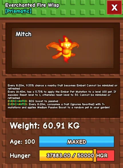 CHEAP 60kg Everchanted Fire Wisp! Gives Ember Pet Mutation which does 32 pet passive Fast Delivery — Account account