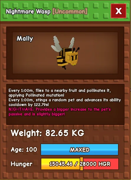 Titan Nightmare Wasp 82+ KG Cooldown : 1m Age: 100 (Maxed) Instant Delivery — Account account