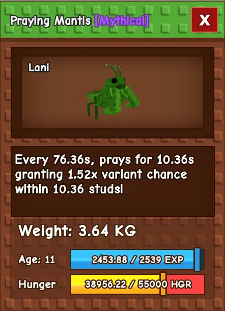 Praying mantis MYTHICAL Age 11 3.64KG